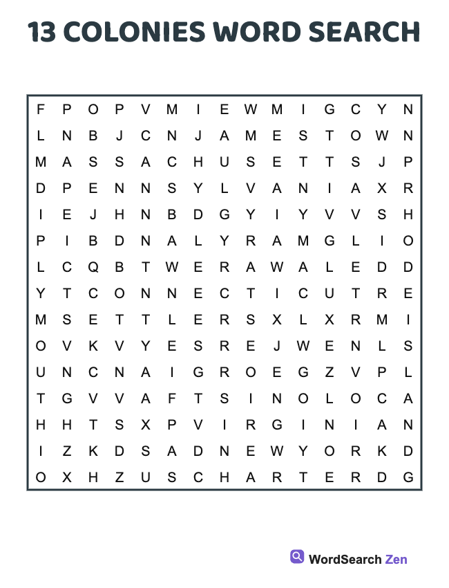 13 Colonies Word Search
