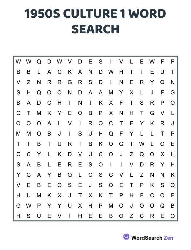1950s Culture 1 Word Search