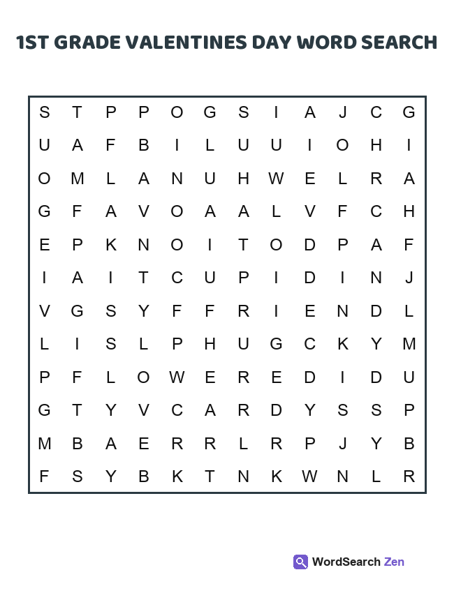1st Grade Valentines Day Word Search printable puzzle sheet