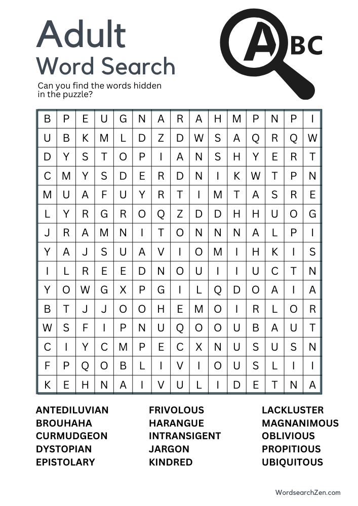 Adult Word Search 10 Free Printable PDF File - WordsearchZen.com