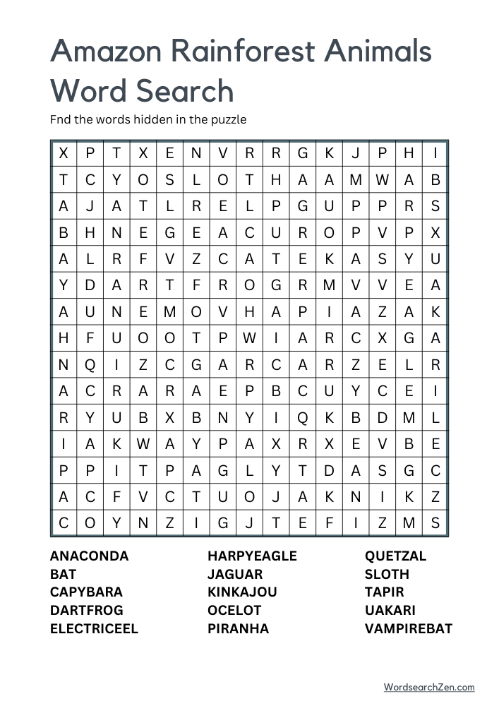 Amazon-Rainforest-Animals-Word-Search