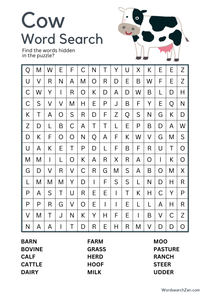 Cow Word Search Free Printable PDF File - WordsearchZen.com