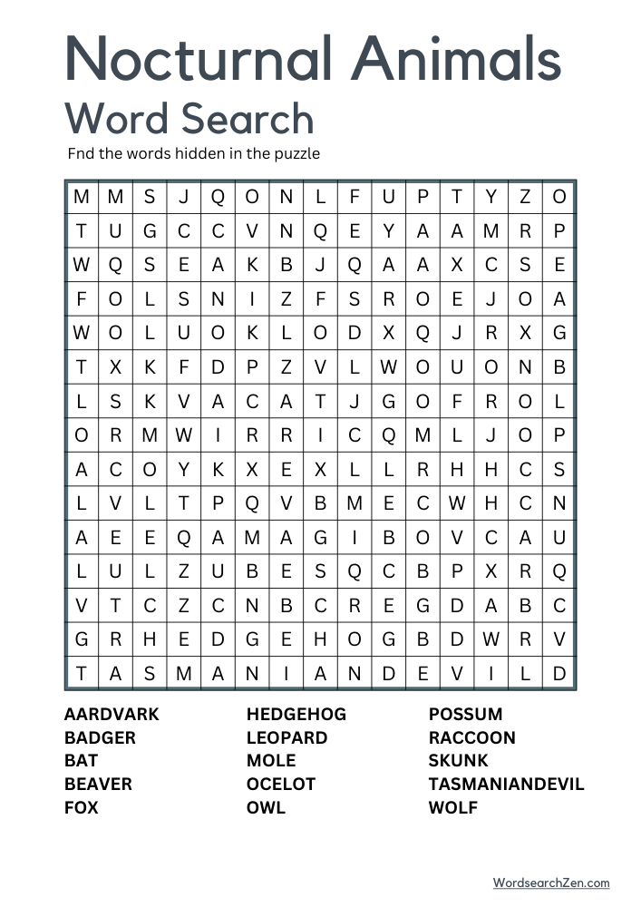 Nocturnal-Animals-Word-Search