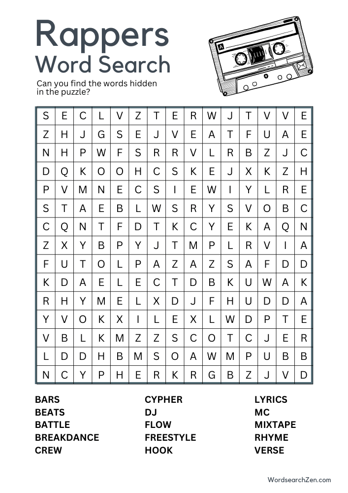 Rappers Word Search Free Printable PDF File - WordsearchZen.com