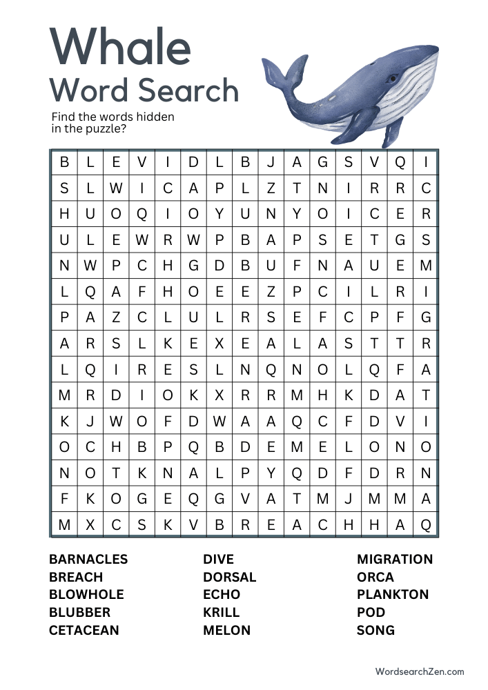 Whale Word Search Free Printable PDF File - WordsearchZen.com