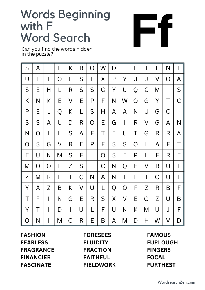 Words Beginning with F Word Search 10