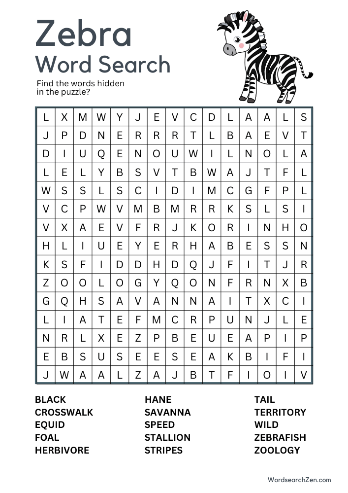 Zebra Word Search Free Printable PDF File - WordsearchZen.com