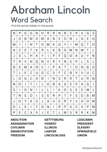 Abraham Lincoln Word Search Free Printable PDF File - WordsearchZen.com