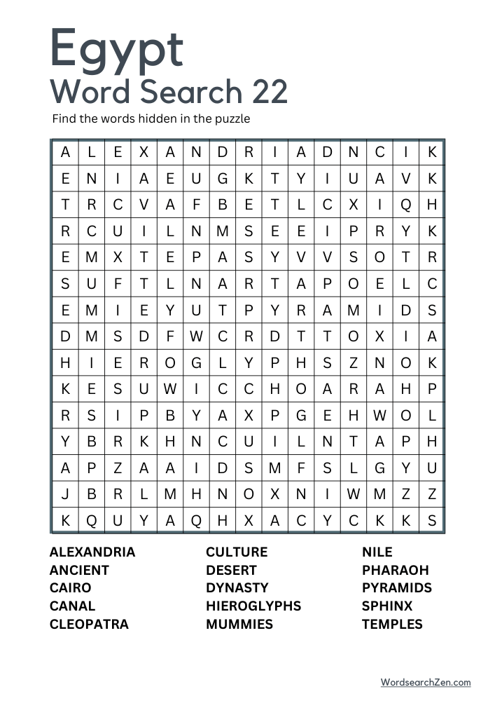 Egypt Word Search 22 Free Printable PDF File - WordsearchZen.com