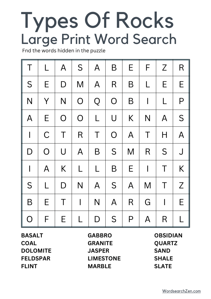 Types-Of-Rocks-Large-Print-Word-Search