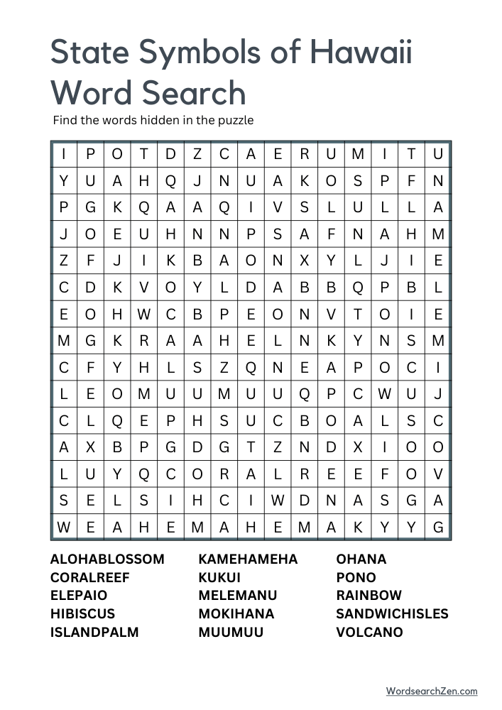 State-Symbols-Of-Hawaii-Word-Search