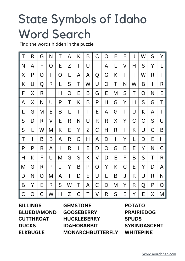 State-Symbols-Of-Idaho-Word-Search