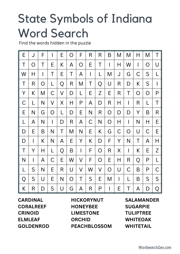 State-Symbols-Of-Indiana-Word-Search