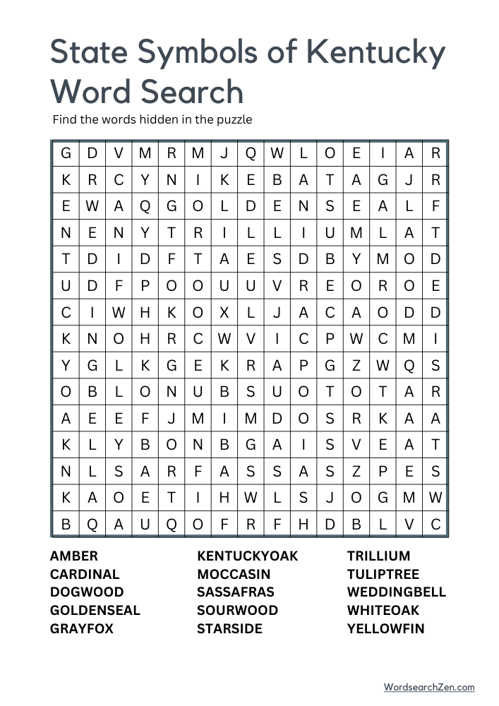 State Symbols of Kentucky Word Search Free Printable PDF File ...