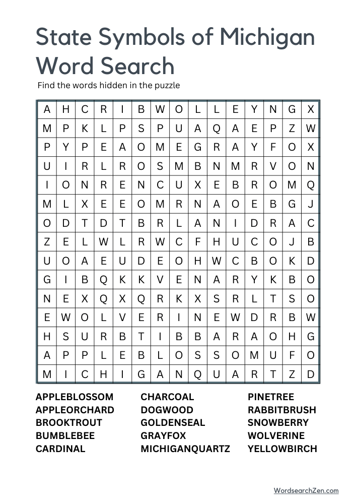 State-Symbols-Of-Michigan-Word-Search