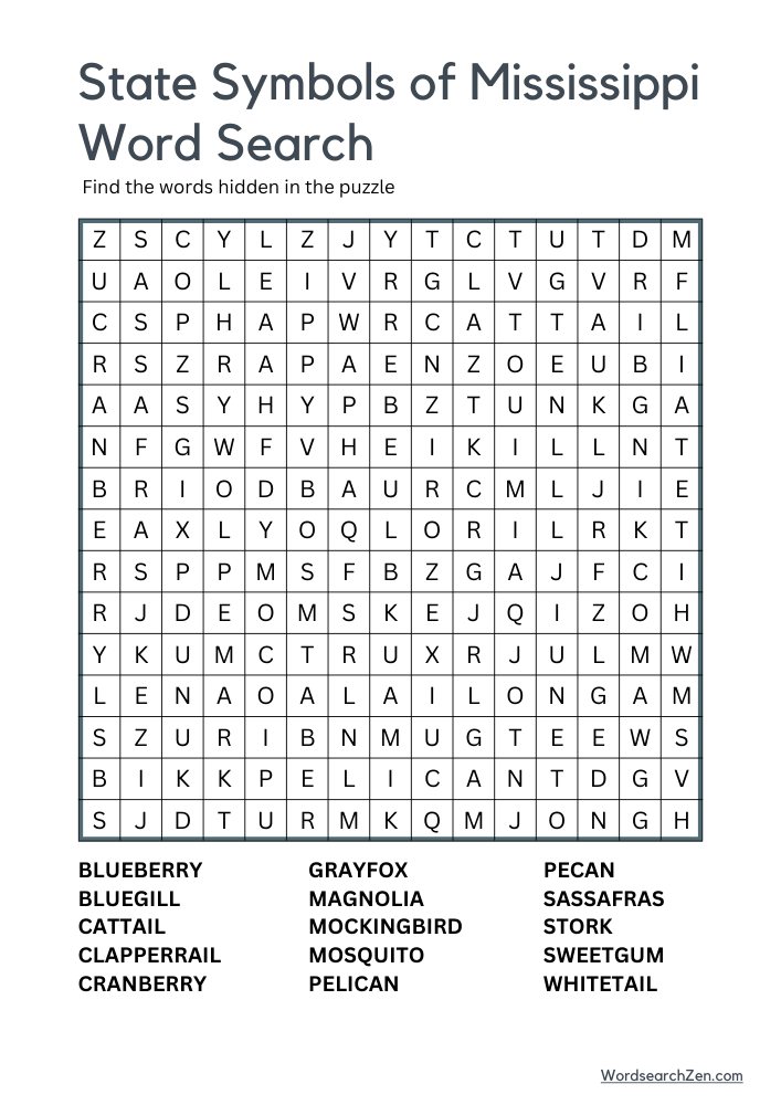 State-Symbols-Of-Mississippi-Word-Search