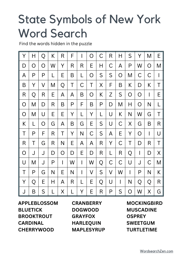 State-Symbols-Of-New-York-Word-Search