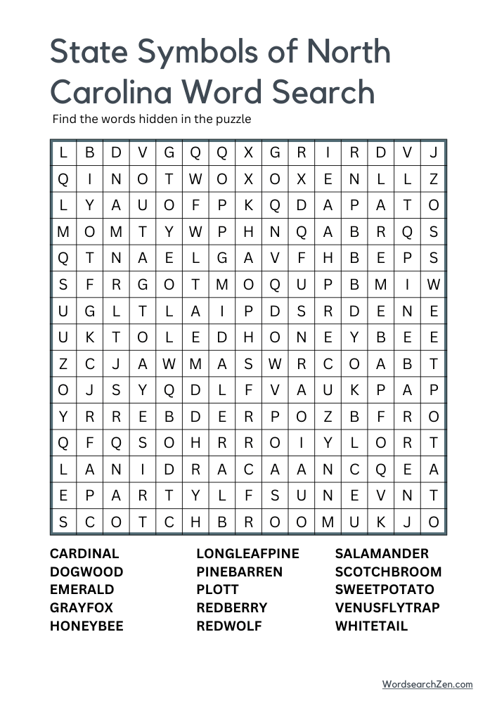 State-Symbols-Of-North-Carolina-Word-Search