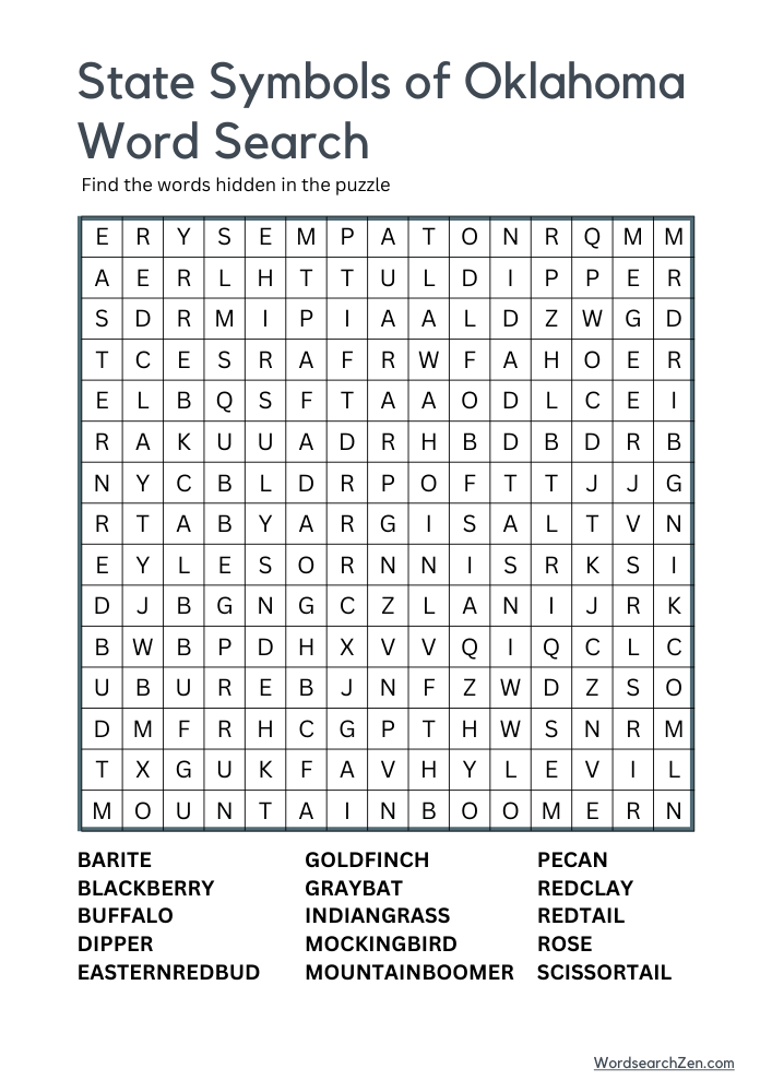 State-Symbols-Of-Oklahoma-Word-Search