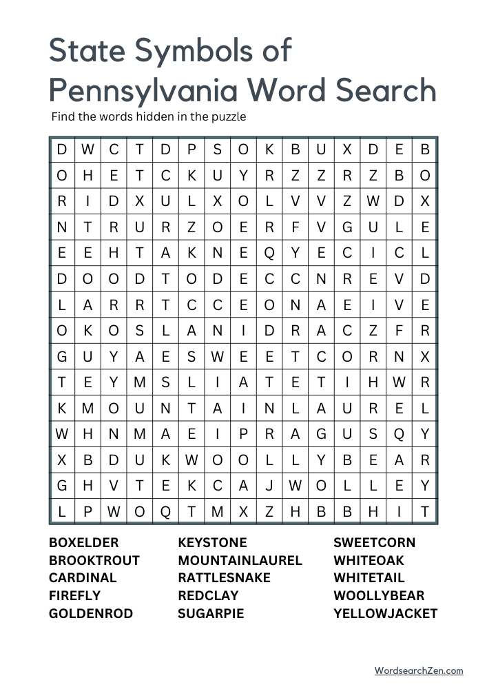 State-Symbols-Of-Pennsylvania-Word-Search