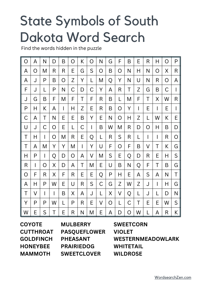 State-Symbols-Of-South-Dakota-Word-Search