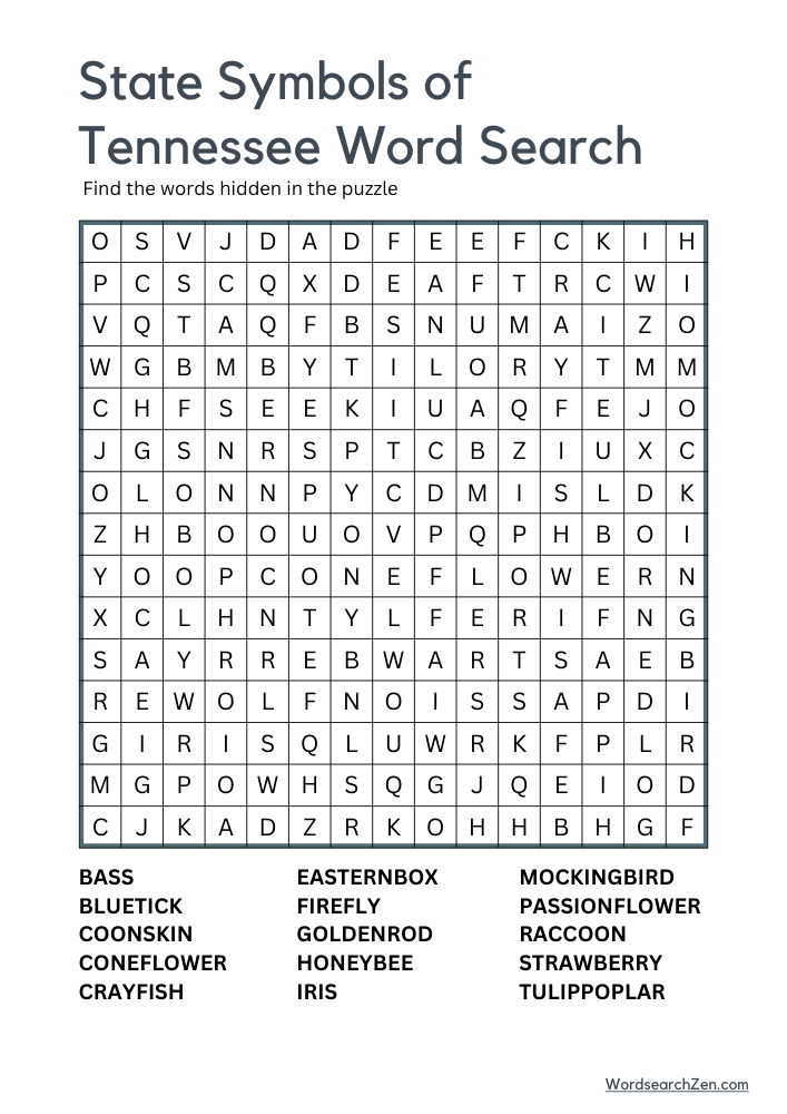 State-Symbols-Of-Tennessee-Word-Search