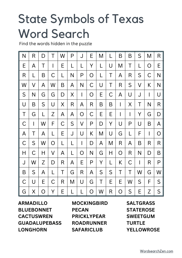 State-Symbols-Of-Texas-Word-Search