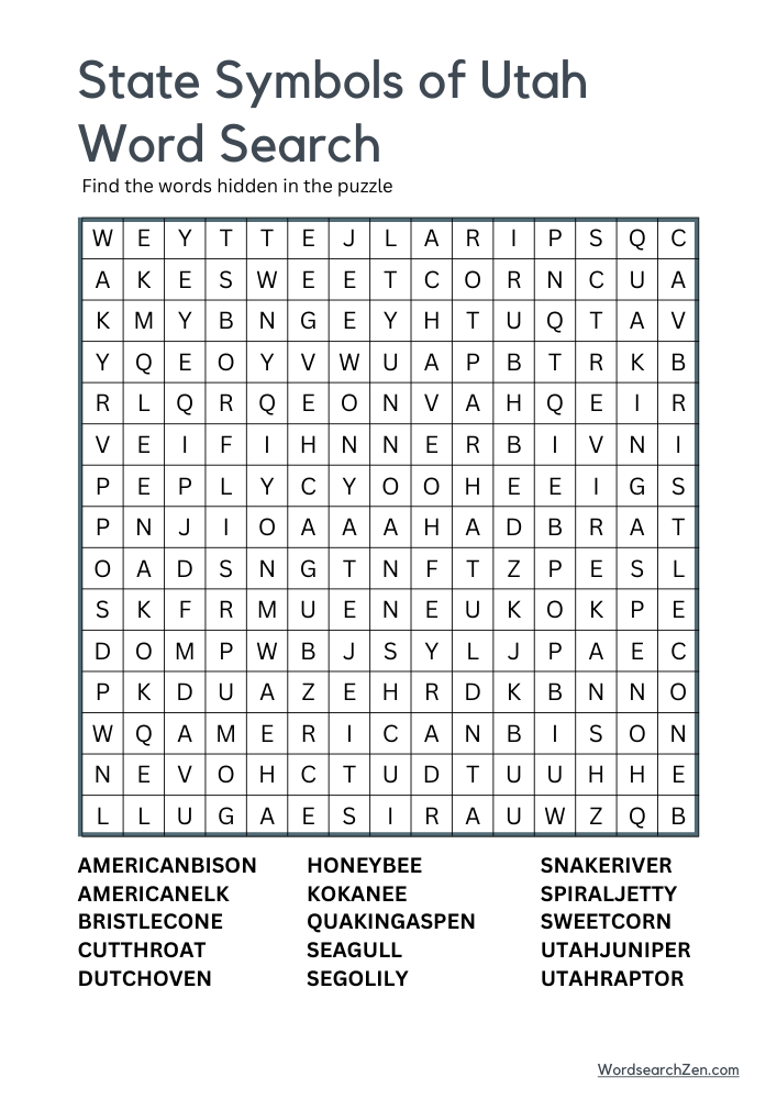 State-Symbols-Of-Utah-Word-Search