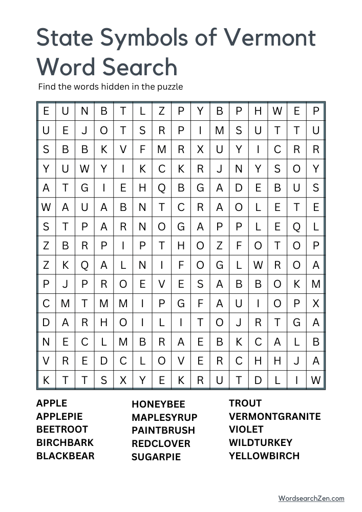 State-Symbols-Of-Vermont-Word-Search