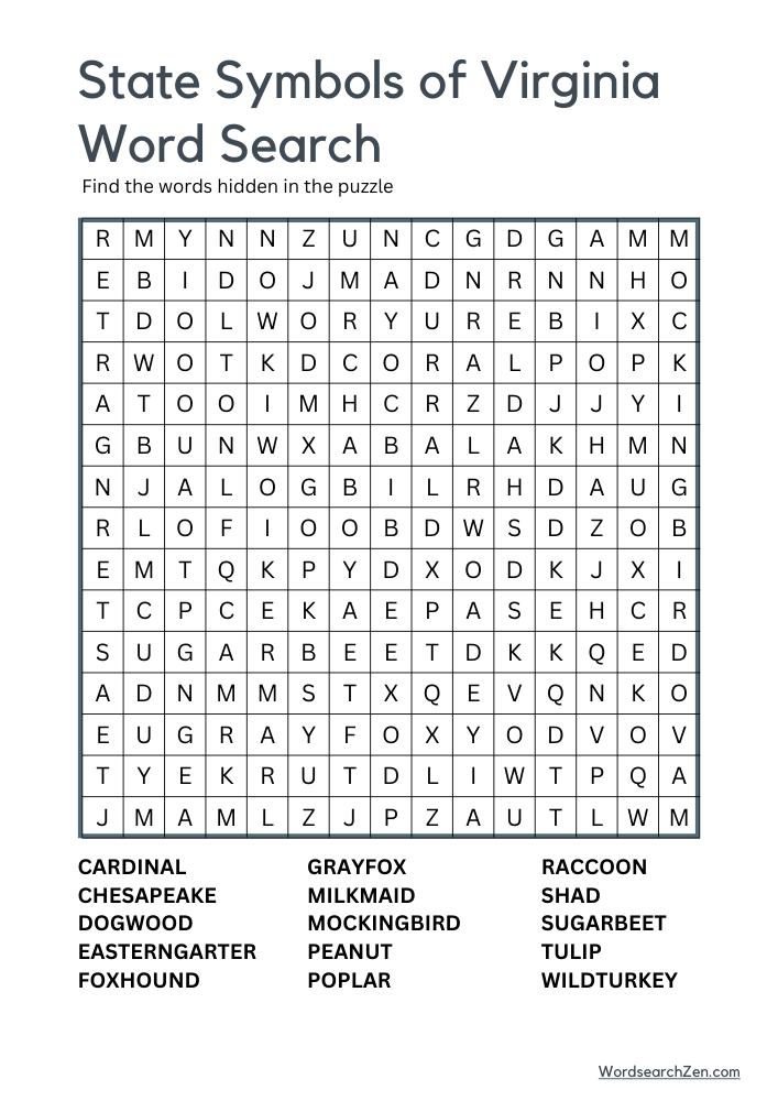 State-Symbols-Of-Virginia-Word-Search