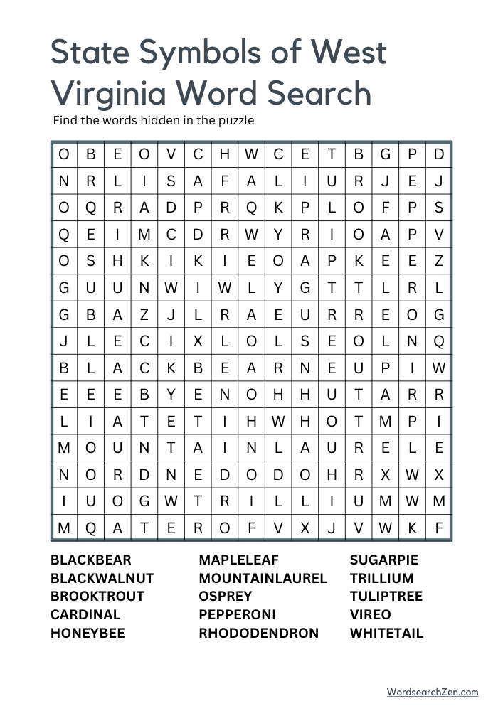 State-Symbols-Of-West Virginia-Word-Search