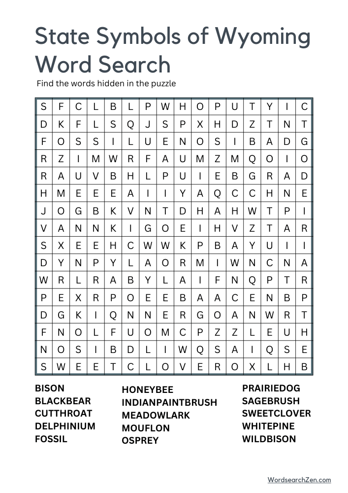 State-Symbols-Of-Wyoming-Word-Search