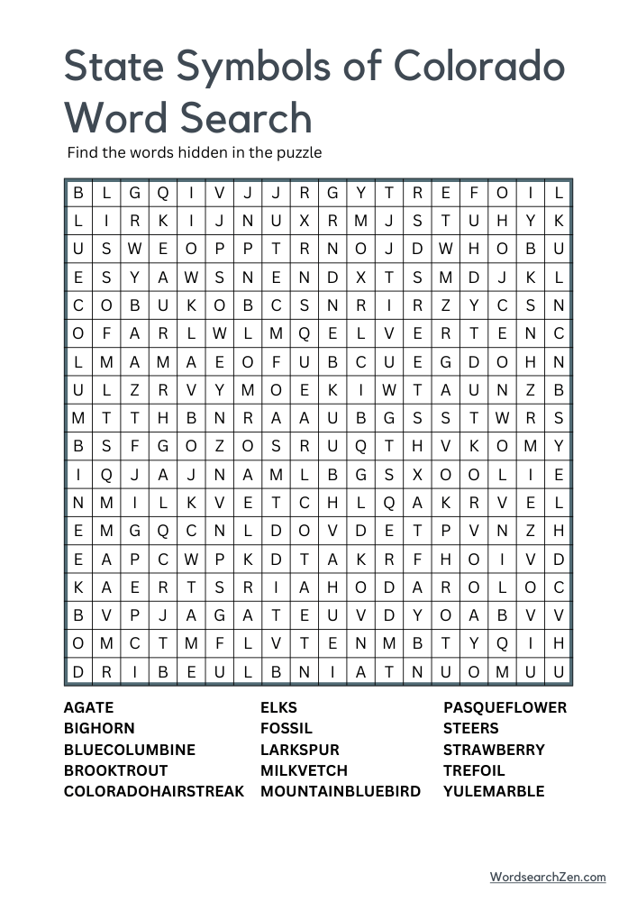 State-Symbols-Of-Colorado-Word-Search