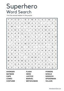 Superhero Word Search Free Printable PDF File - WordsearchZen.com image.