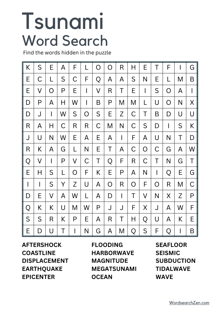 Tsunami Word Search Free Printable PDF File - WordsearchZen.com