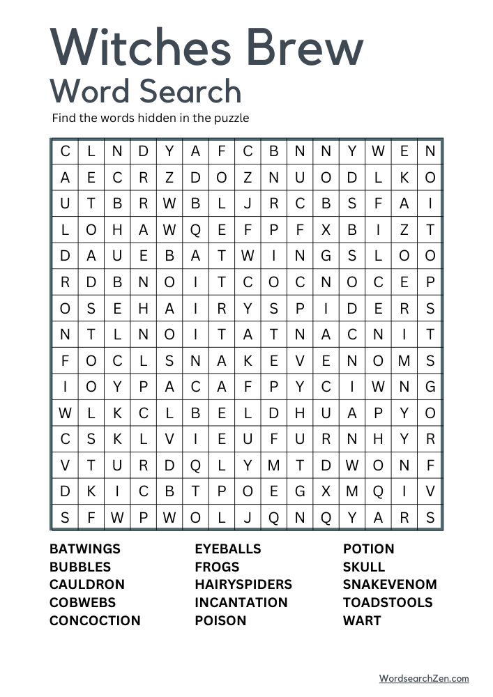 Witches Brew Word Search Free Printable PDF File - WordsearchZen.com