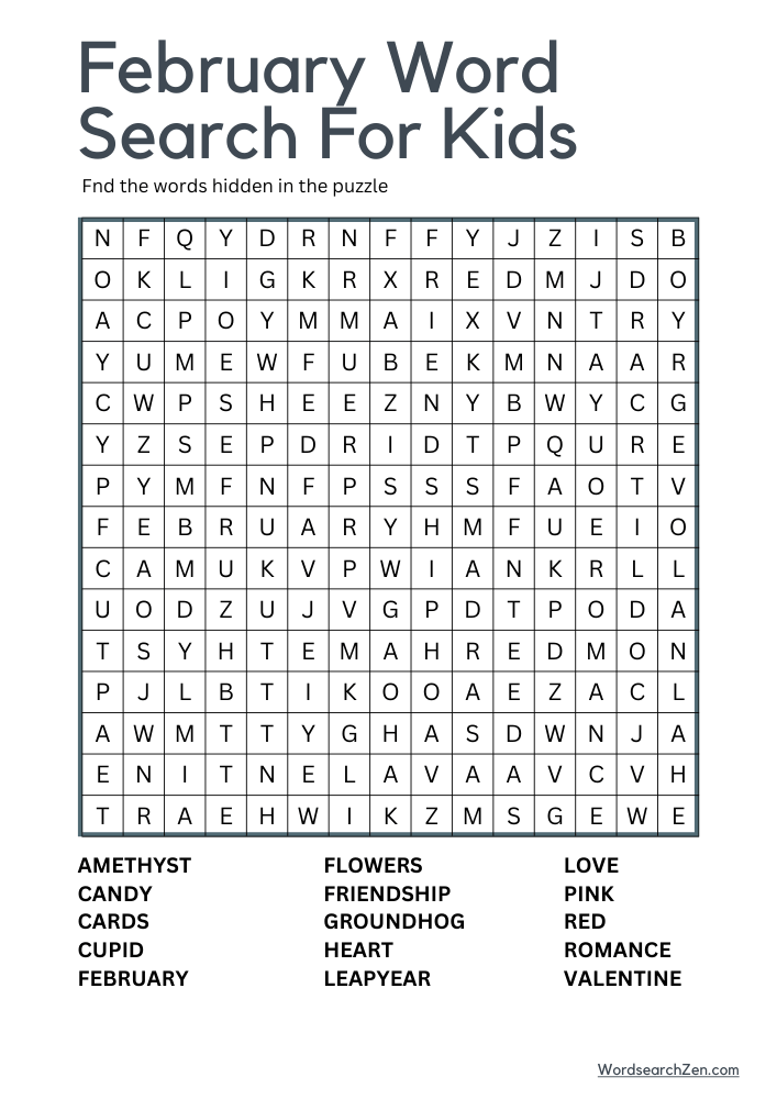 February Word Search For Kids