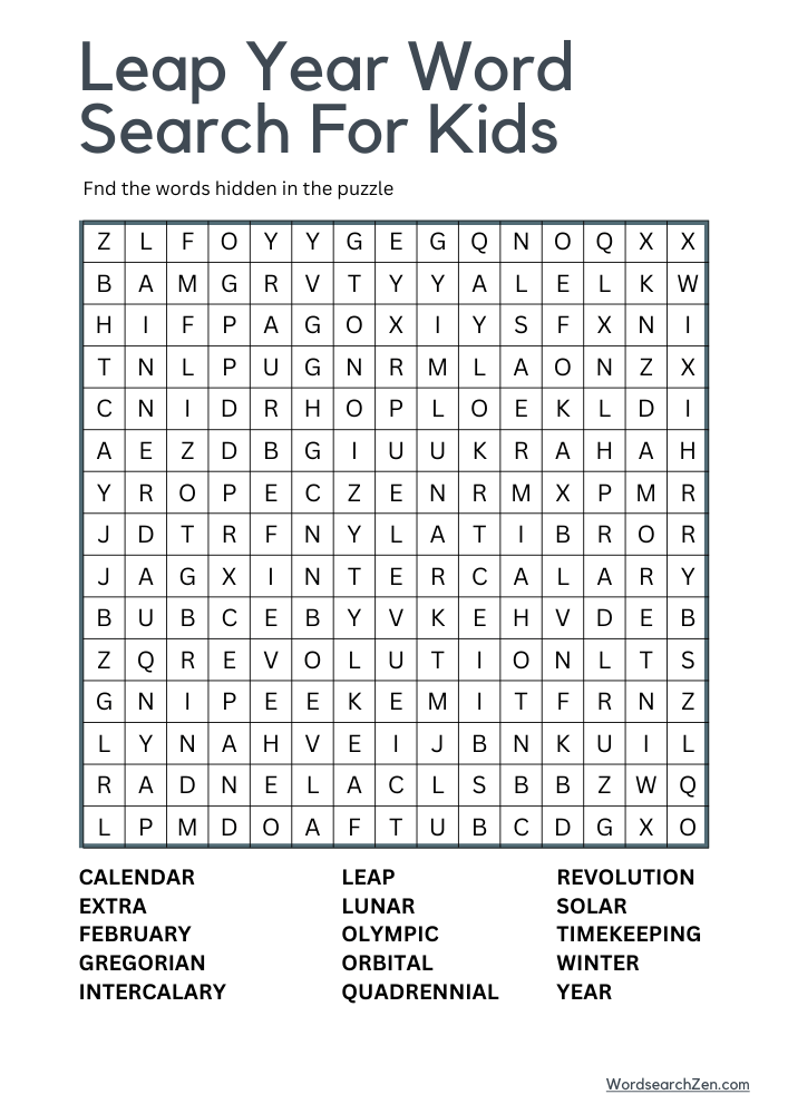 Leap Year Word Search For Kids