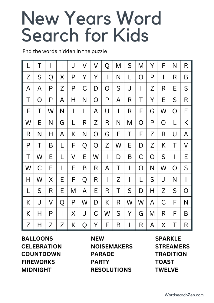 New Years Word Search for Kids