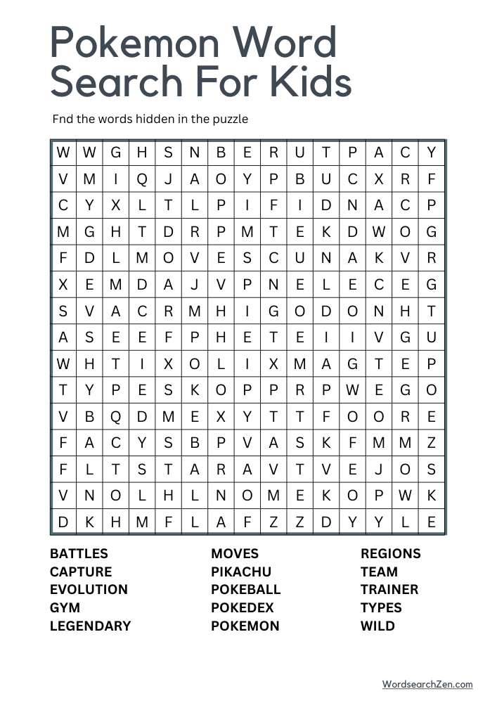 Pokemon Word Search For Kids