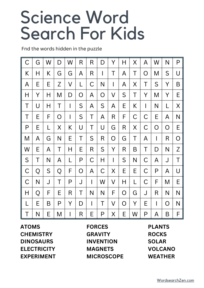 Science Word Search For Kids