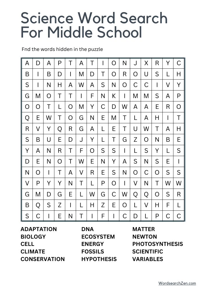 Science Word Search For Middle School