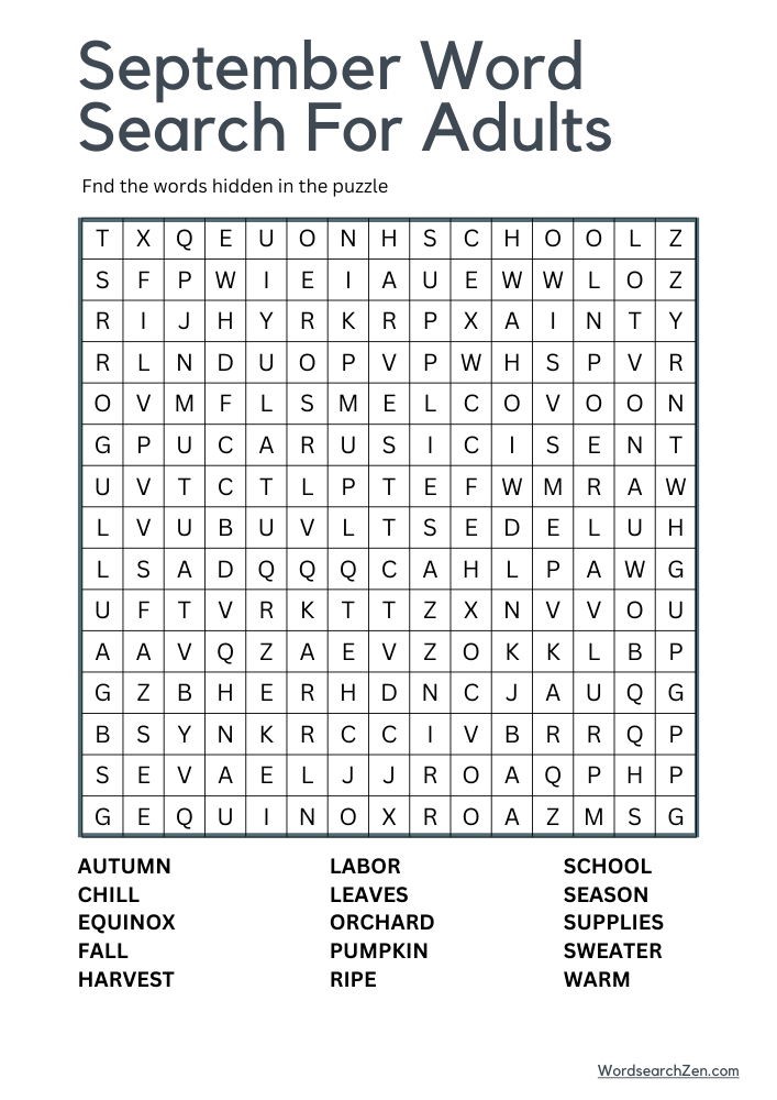 September Word Search For Adults