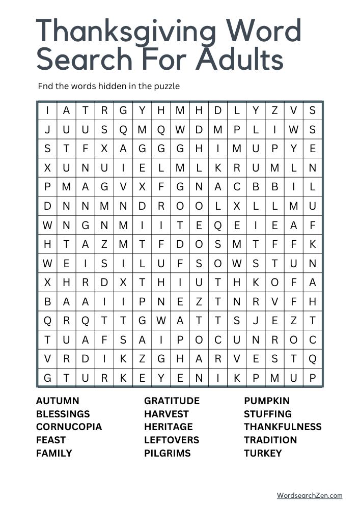 Thanksgiving Word Search For Adults