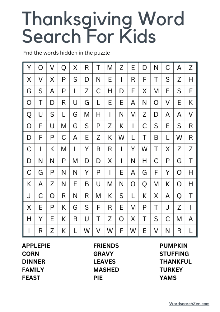 Thanksgiving Word Search For Kids