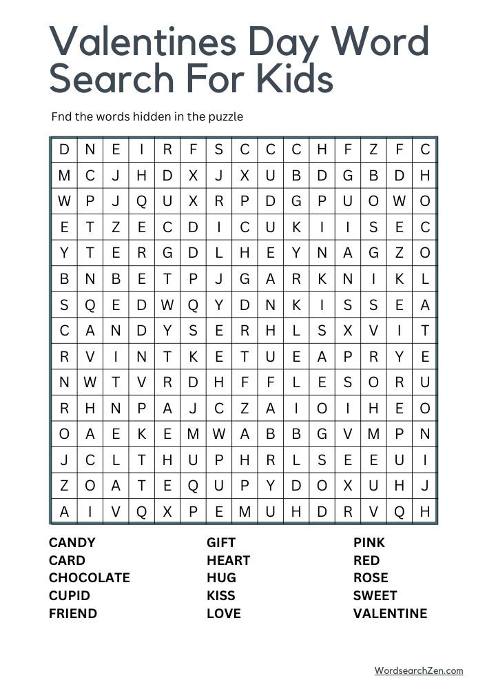 Valentines Day Word Search For Kids