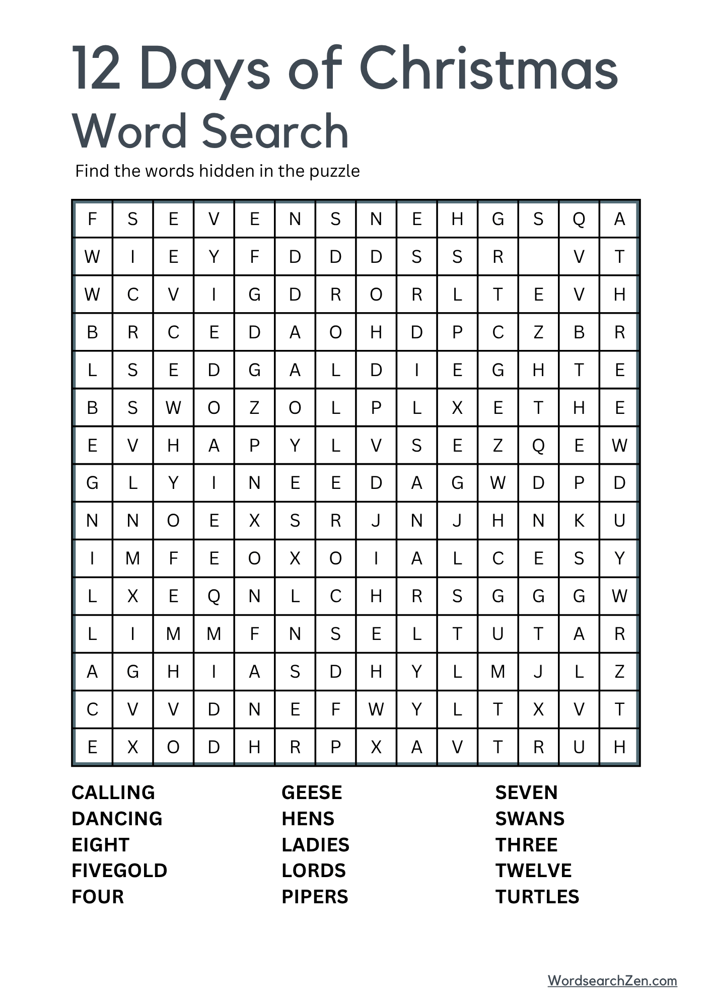 12 Days of Christmas Word Search 2 12 Days of Christmas Word Search 2