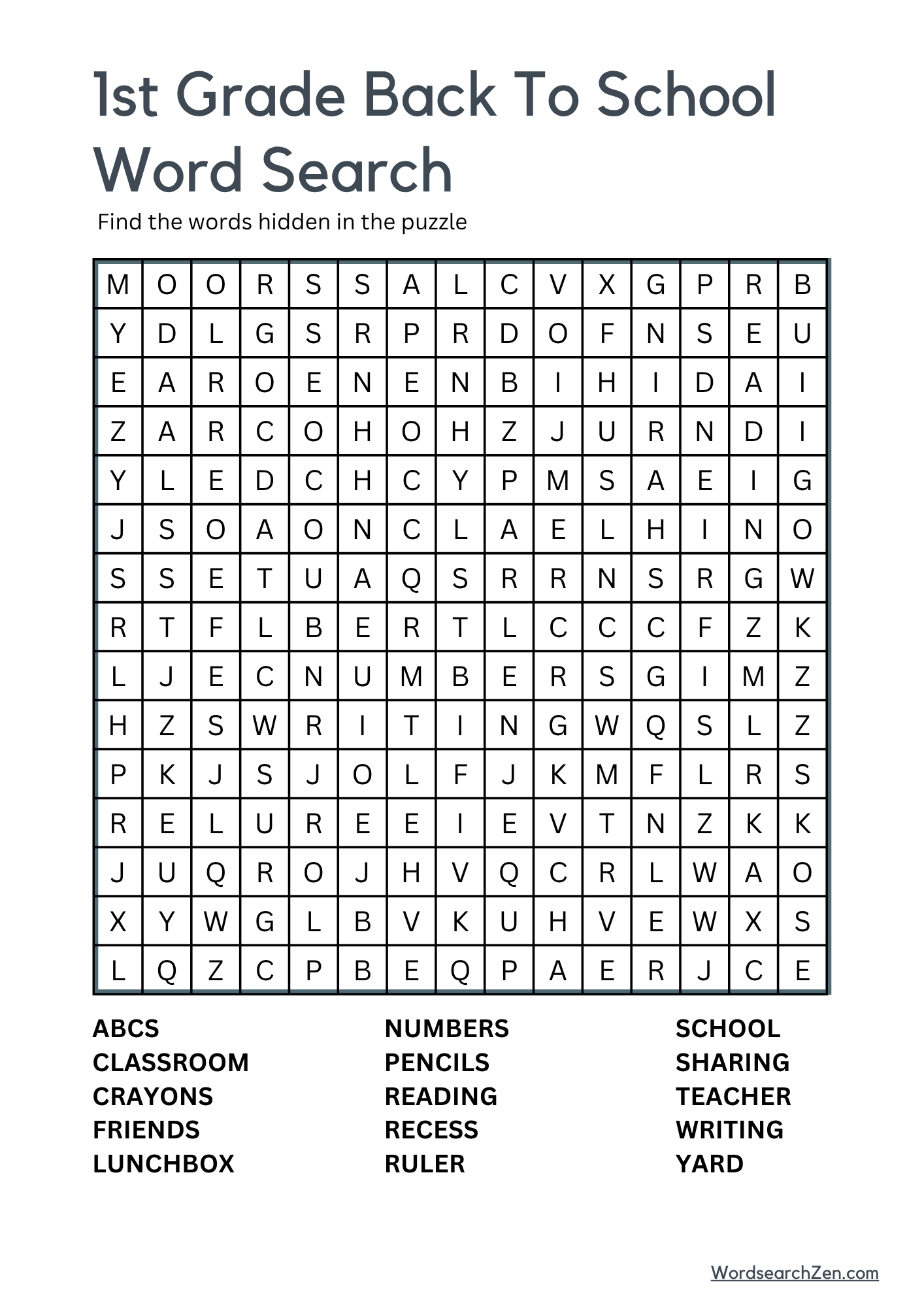 1st Grade Back To School Word Search Free Printable PDF File