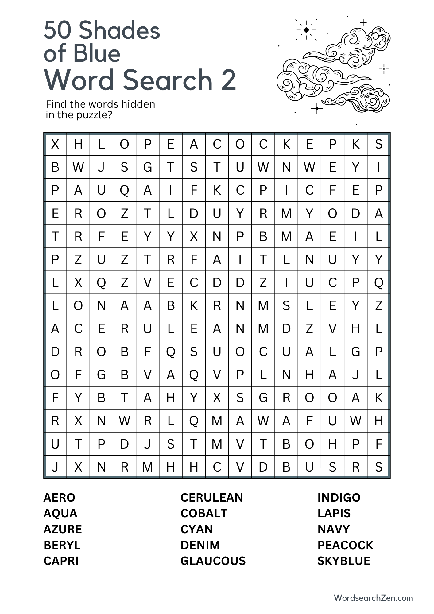 50 Shades of Blue Word Search 2