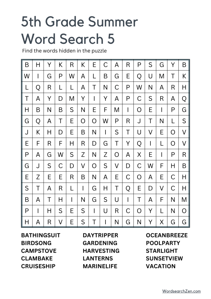 5th Grade Summer Word Search Free Printable PDF File - WordsearchZen.com